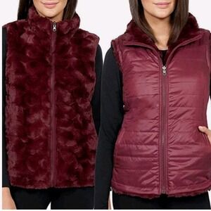 Nicole Miller Original Burgundy Reversible Faux Fur Puffer Vest Sz S Y2K Outdoor